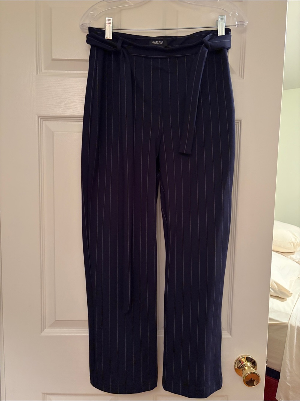 Jones & Co Navy Pinstripe Tie-Waist Wide-Leg Trousers